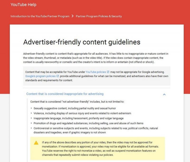 YouTube's advertising policies include a ban on "sensitive subjects" including war and political conflicts. (Screenshot)