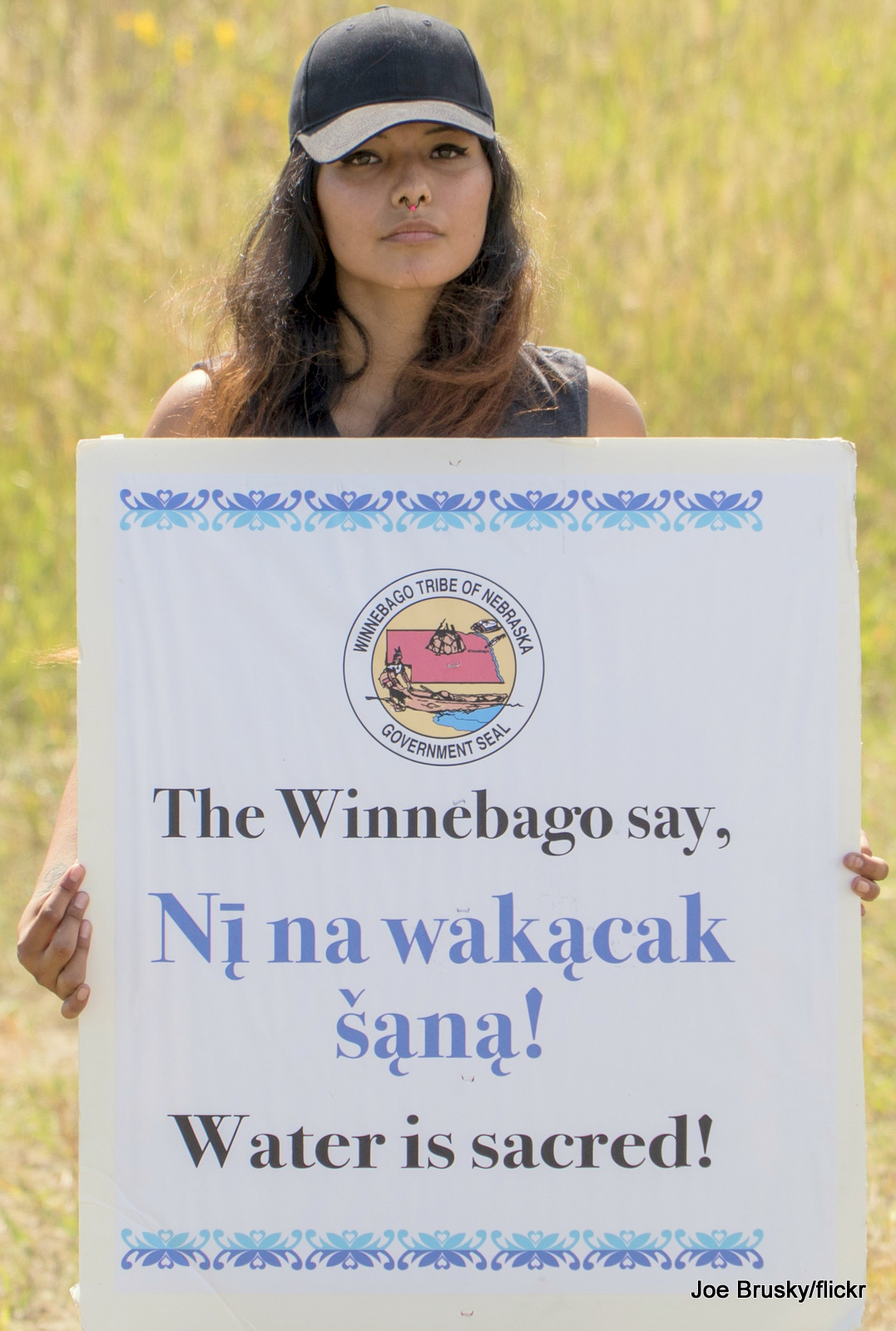 A Winnebago woman protests against the Dakota Access Pipeline in Canon Ball, ND. 