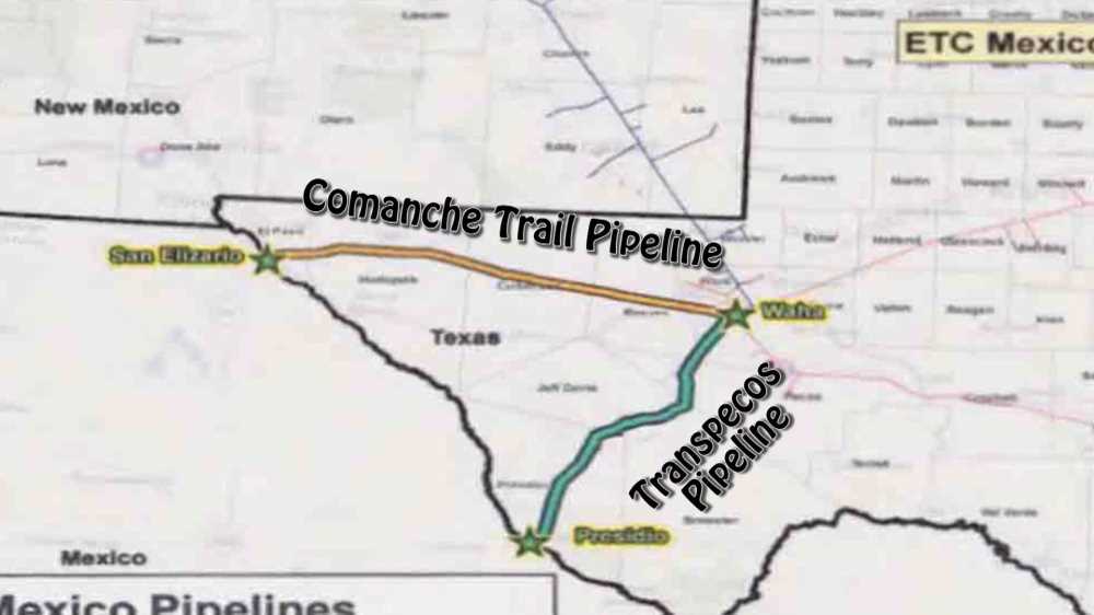 A map depicted the routes for both the Trans-Pecos and Comanche Trail pipelines, which will carry fracked gas from Waha, Texas into Mexico.