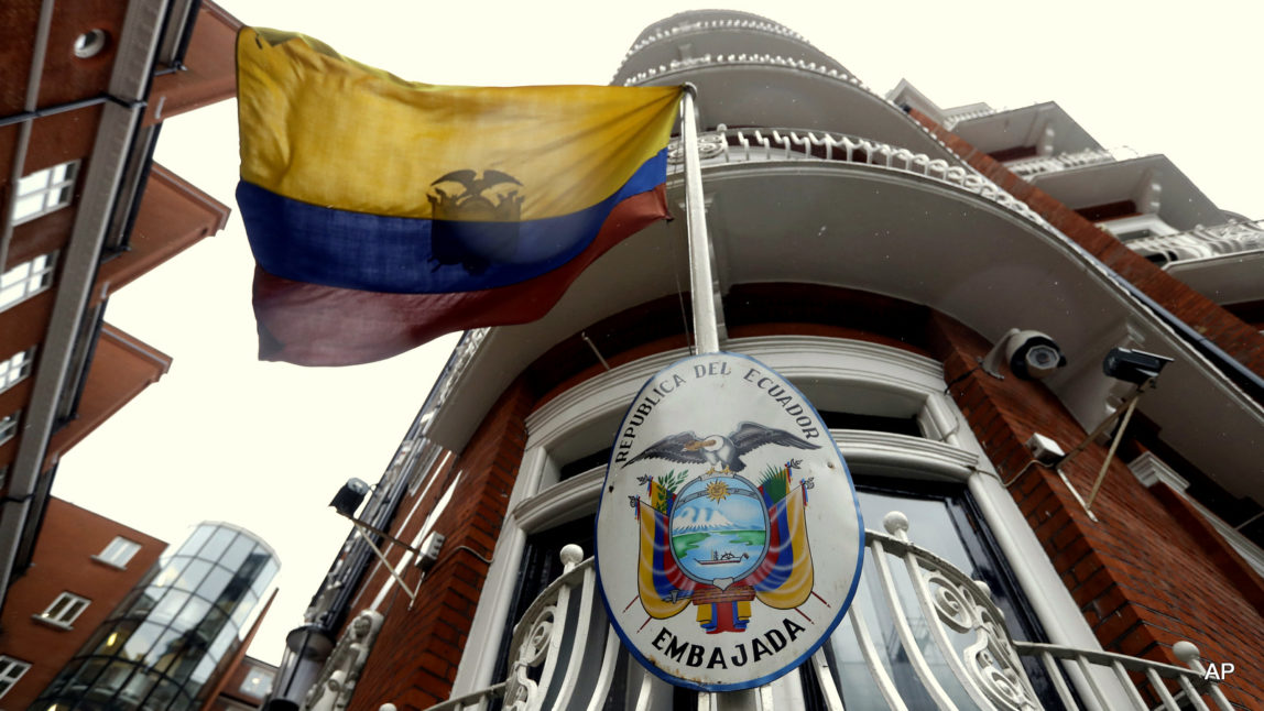 The Ecuadorian flag flies outside the Ecuadorian Embassy in London, Friday, Sept. 16, 2016.