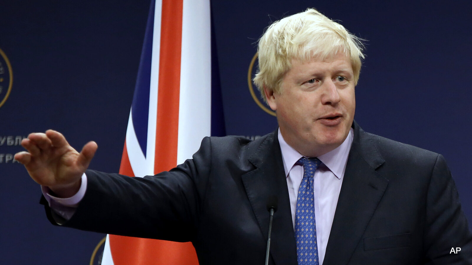 British Foreign Secretary Boris Johnson speaks to the media during a joint news conference with Turkish Foreign Minister Mevlut Cavusoglu in Ankara, Turkey, Tuesday, Sept. 27, 2016.