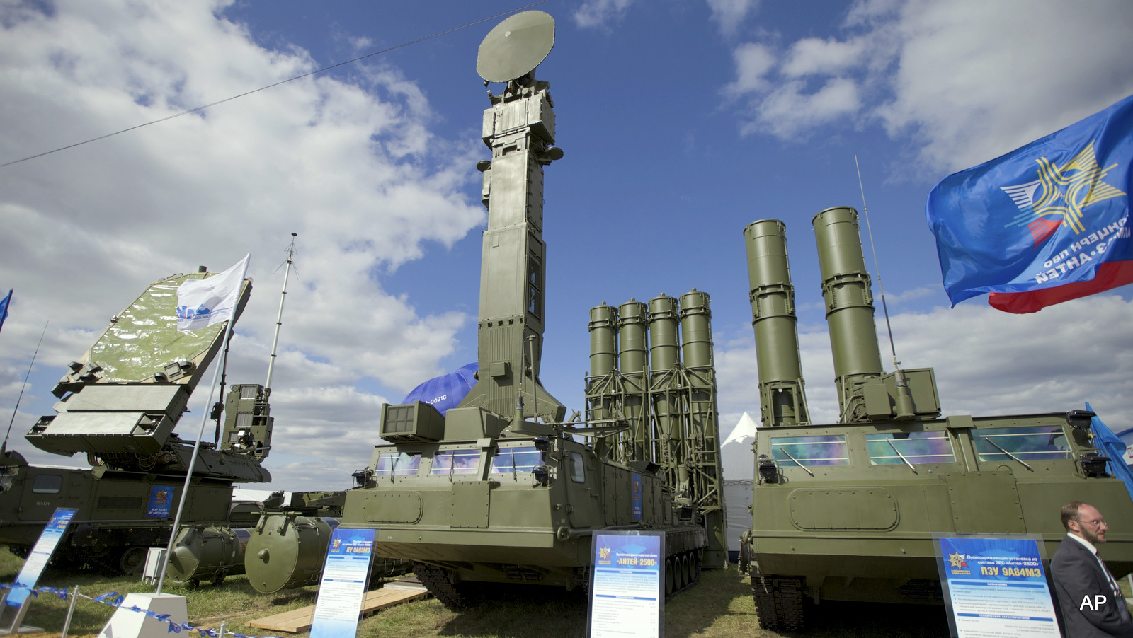 Russian air defense system missile system Antey 2500, or S-300 VM, is on display at the opening of the MAKS Air Show in Zhukovsky outside Moscow, Russia. The Russian military said Tuesday it had deployed the S-300 air defense missile systems to Syria to protect a Russian navy facility in the Syrian port of Tartus and Russian navy ships in the area.