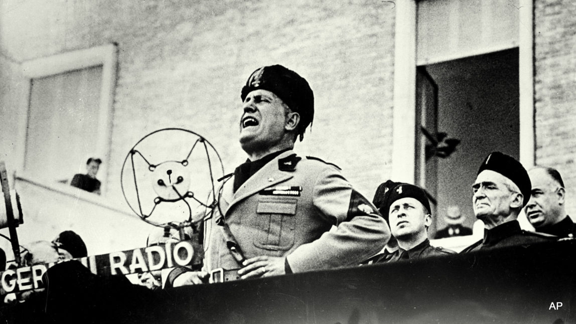 Benito Mussolini, Italian dictator, speaks at the dedication ceremonies of Sabandia, central Italy, on Sept. 24, 1934.