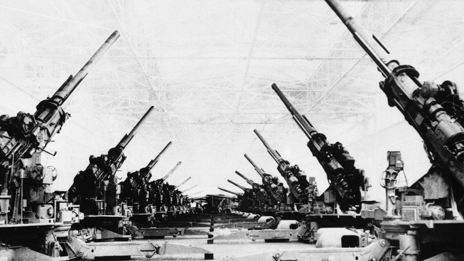 U.S.Army 4.7mm anti-aircraft gunsare lined up in the final assembly area of the Grand Rapids stamping division of Fisher Body in Detroit on June 1, 1944, prior to shipping.