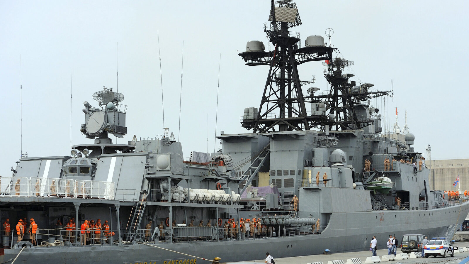 Russian sailors are seen aboard the Admiral Panteleyev Russian war ship moored at the Cypriot port of Limassol.