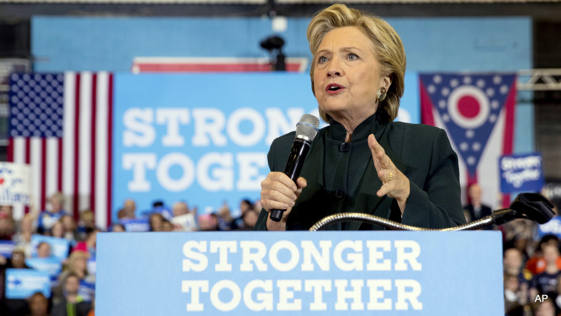 Democratic presidential candidate Hillary Clinton speaks at a rally at Cuyahoga Community College in Cleveland.