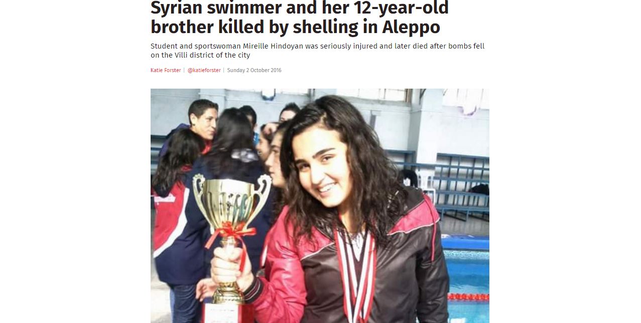 A screenshot of the story on the Independent falsely attributing the death of Mireille Hindoyan to Syrian Army shelling.