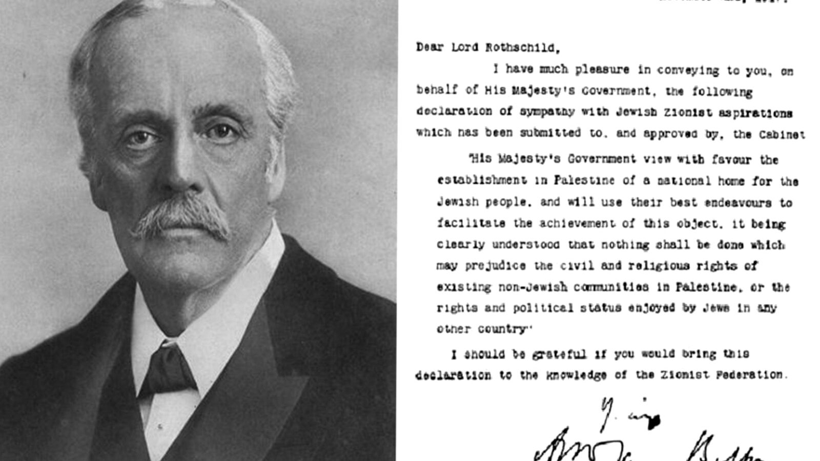 The Balfour Declaration pictured right, with portrait of Arthur James Balfour left.