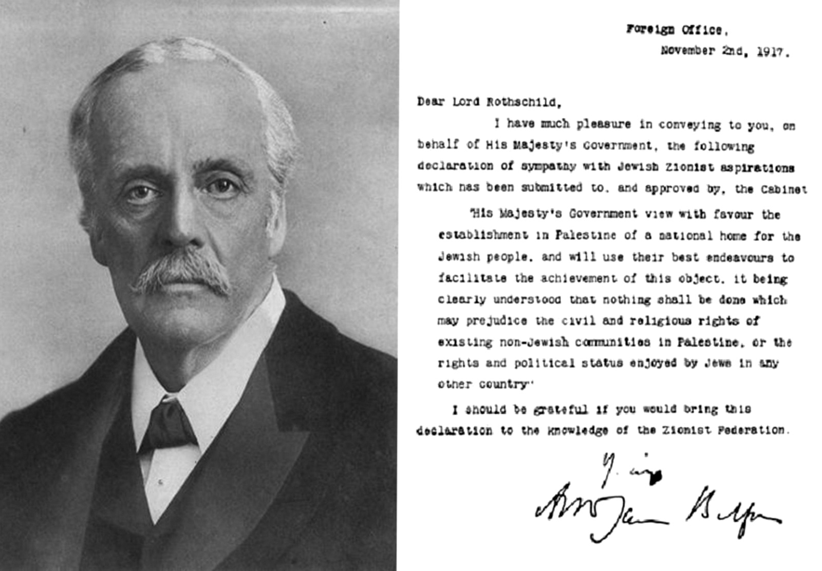 The Balfour Declaration pictured right, with portrait of Arthur James Balfour left.