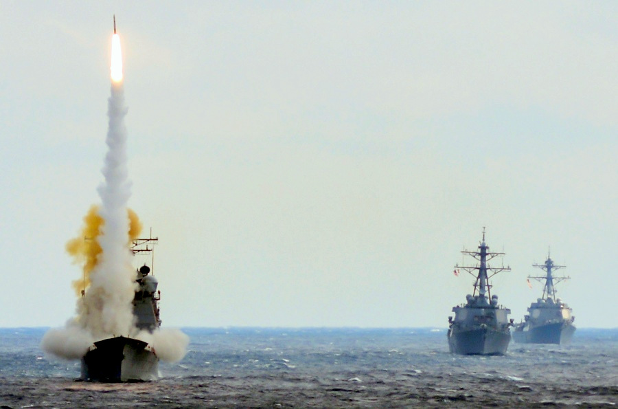 In a March, 2016 file photo, the guided-missile cruiser USS Monterey launches a Standard Missile-2 to destroy an advanced high-speed target while USS Stout and USS Mason transit formation during a live-fire test of the ship's Aegis weapons systems in the Atlantic Ocean. (Photo: Andrae L. Johnson/U.S. Navy)