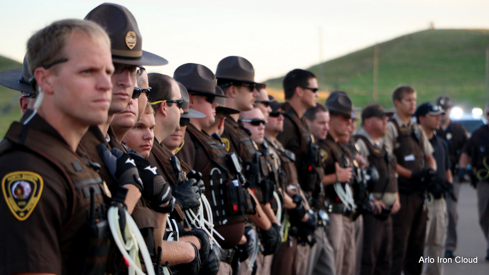 Police officers stand guard at the Dakota Access Pipeline construction site near Cannonball, North Dakota.