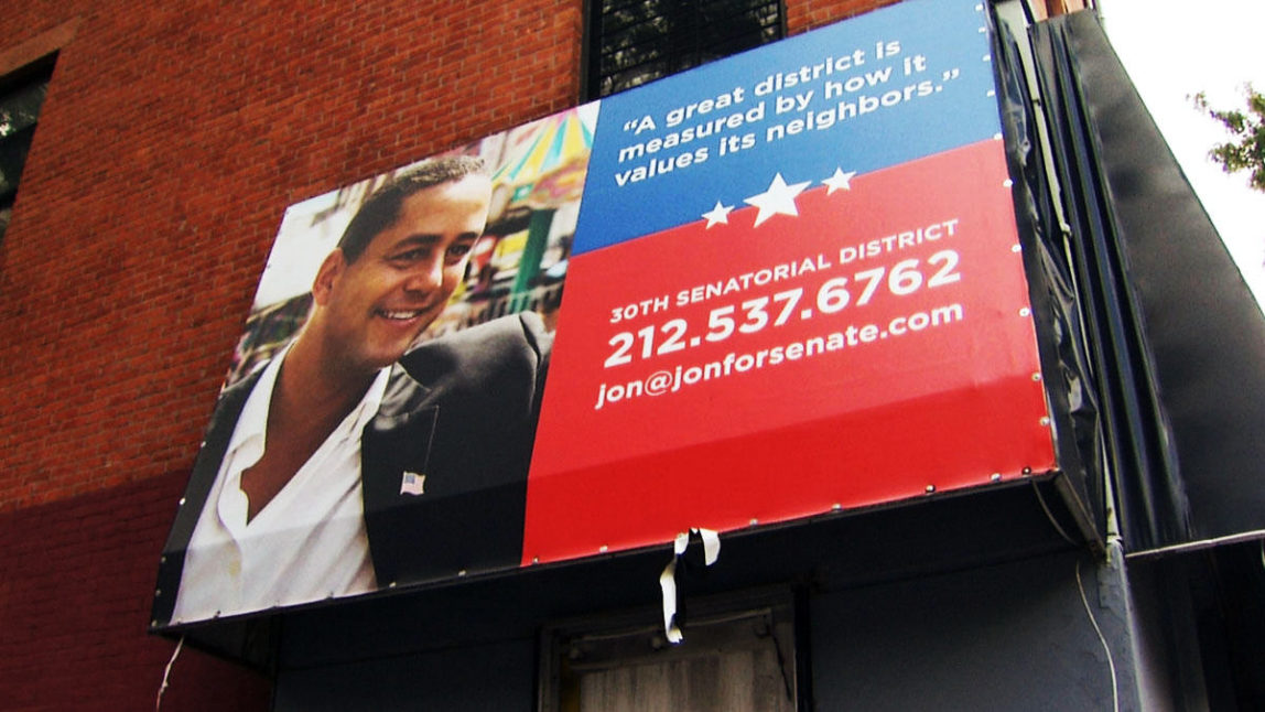 A campaign sign belonging to Jon Girodes, the Republican candidate for New York’s 30th Distric