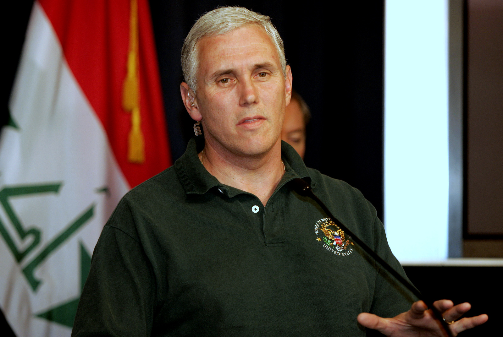 Mike Pence, speaks during a press conference at the heavily fortified Green Zone in Baghdad, to battle Democratic efforts to impose a deadline for withdrawal of U.S. troops from Iraq, April 1, 2007. (AP Photo/Sabah Arar)
