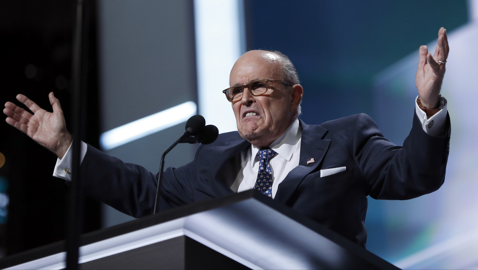 Former New York Mayor Rudy Giuliani speaks during first day of the Republican National Convention in Cleveland, Monday, July 18, 2016. (AP Photo/Carolyn Kaster)