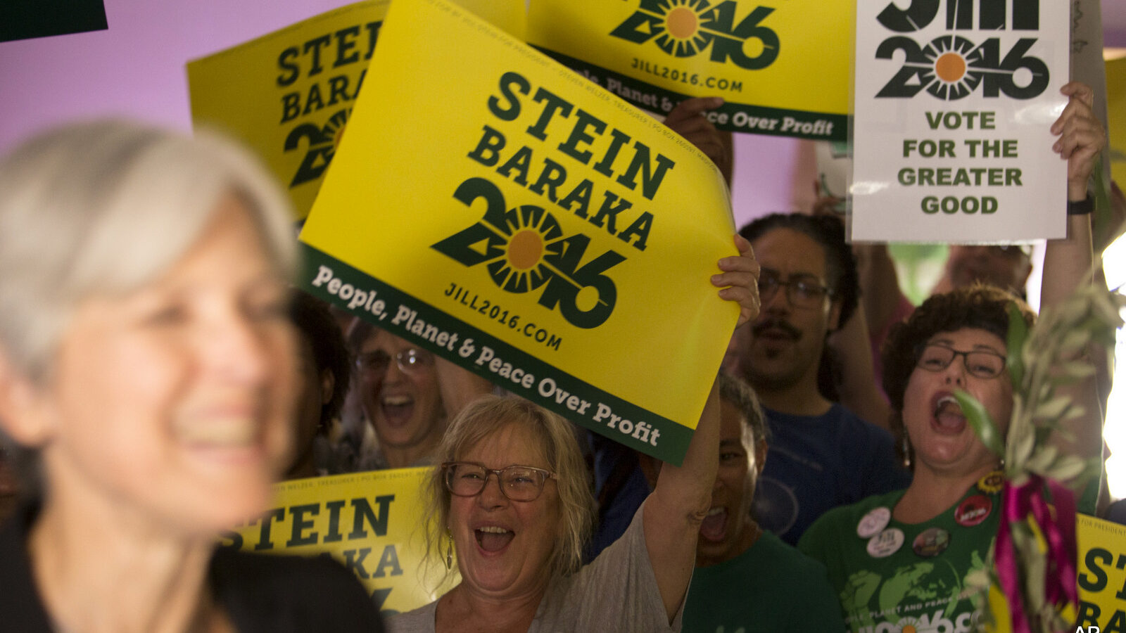 Green party presidential candidate Jill Stein, foreground, meets her supporters during a campaign stop at Humanist Hall in Oakland, Calif. on Thursday, Oct. 6, 2016.