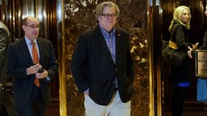 Stephen Bannon, campaign CEO for President-elect Donald Trump, leaves Trump Tower in New York. (AP Photo/Evan Vucci)