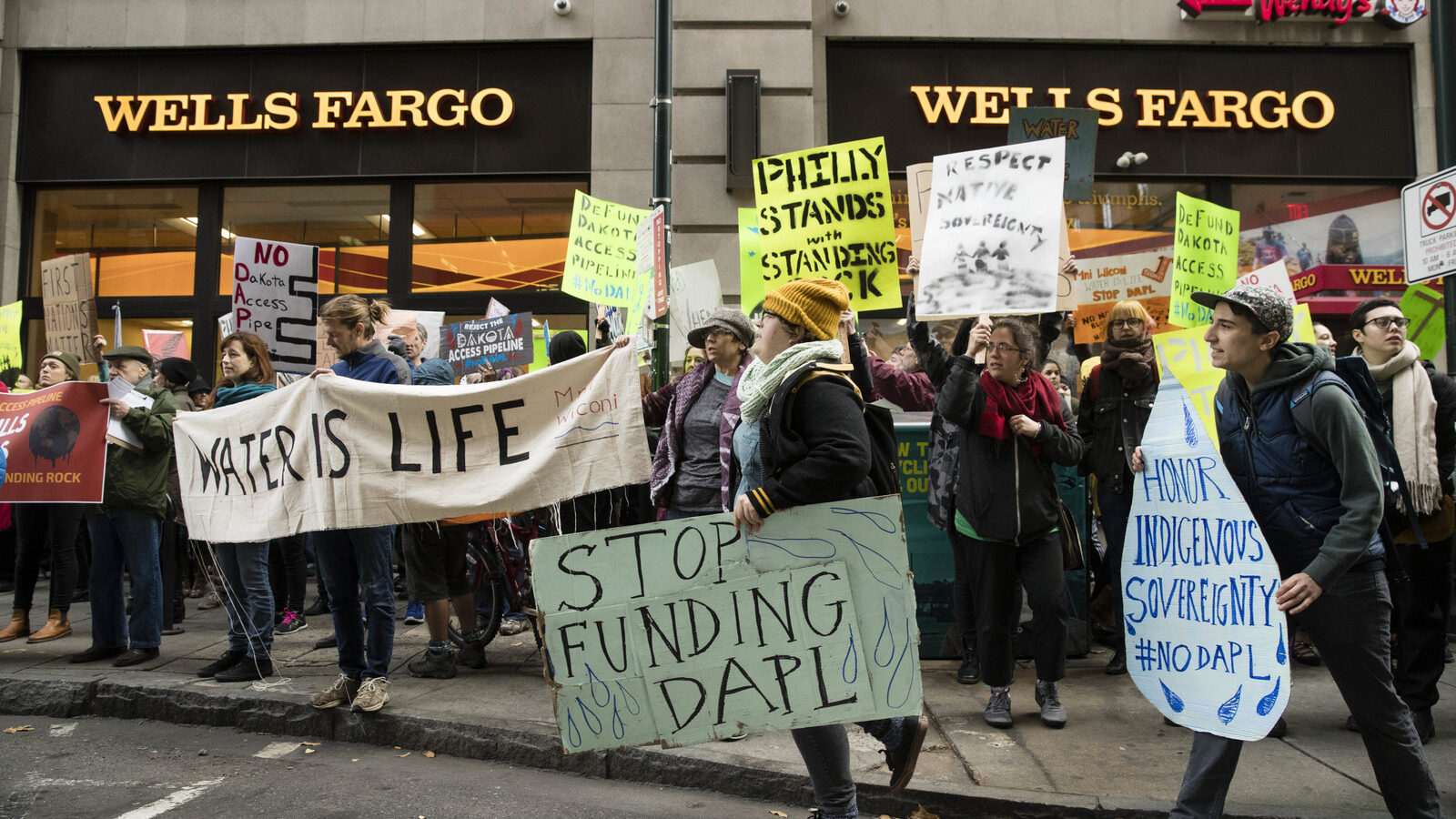 Protesters demonstrate in solidarity with members of the Standing Rock Sioux tribe in North Dakota over the construction of the Dakota Access oil pipeline, in Philadelphia, Tuesday, Nov. 15, 2016. (AP Photo/Matt Rourke)