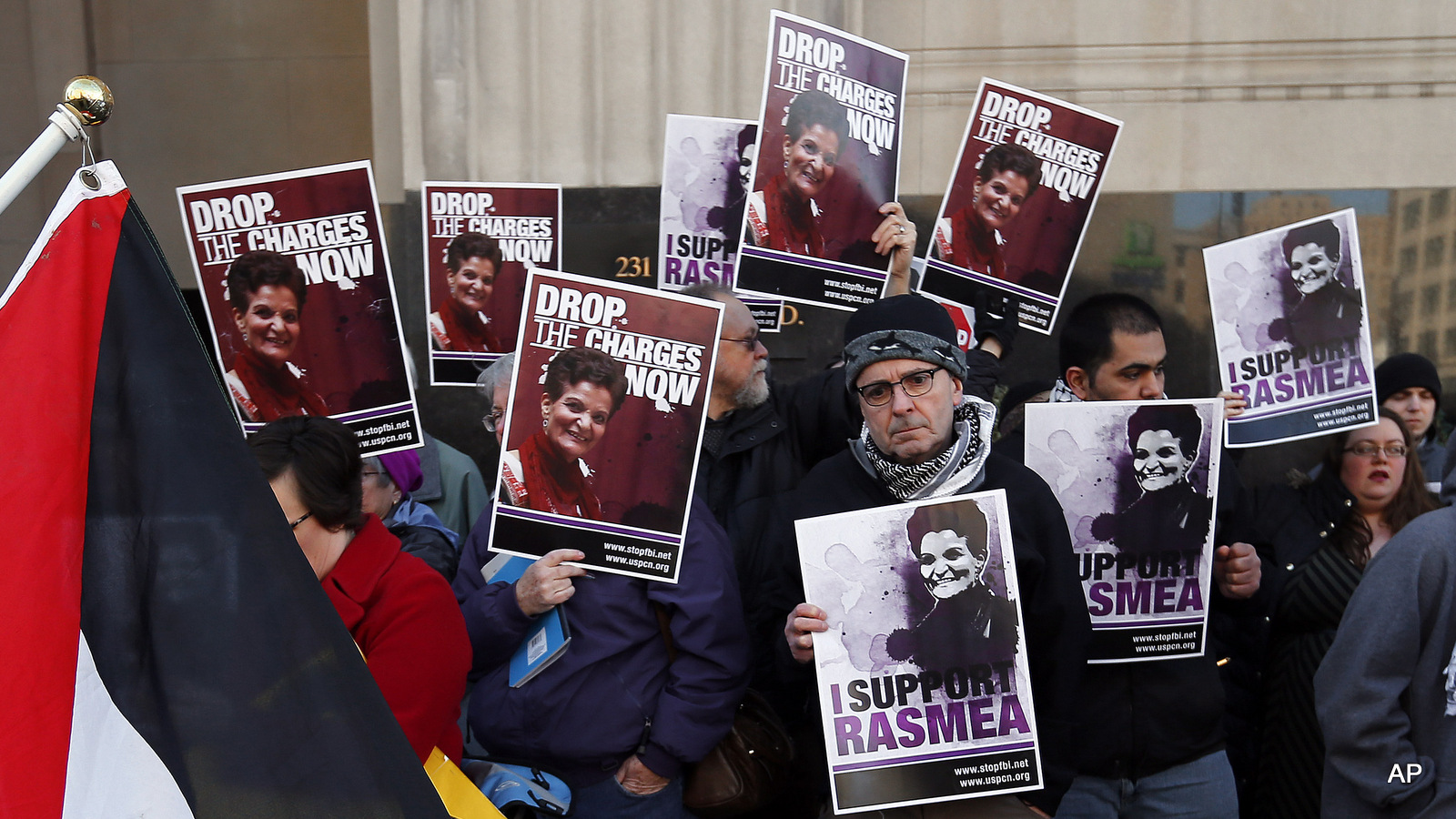Protesters rally for Rasmea Odeh outside federal court in Detroit Thursday, March 12, 2015. 