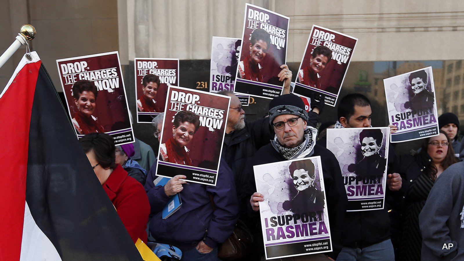 Protesters rally for Rasmea Odeh outside federal court in Detroit Thursday, March 12, 2015.