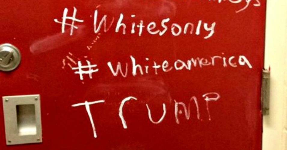 Racist graffiti scrawled on one student's locker at Maple Grove High School, in Minnesota one day after Donald Trump won the presidential election.