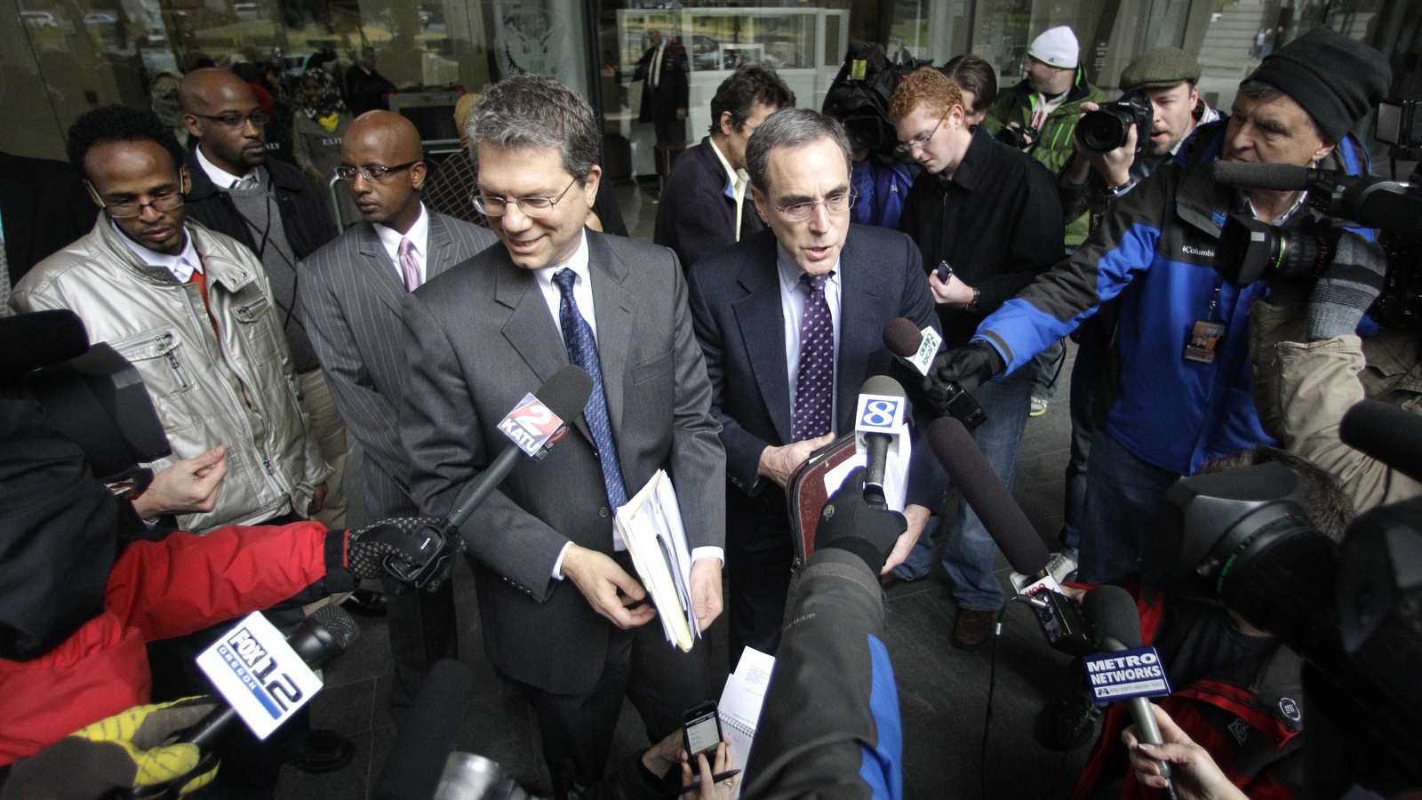 Steven T. Wax, right, federal public defender and Stephen R. Sady, the chief deputy public defender, speak to reporters following an appearance in federal court by thier client, Mohamed Osman Mohamud Monday, Nov. 29, 2010, in Portland, Ore. Authorities say Mohamud and an FBI operative parked a van full of dummy explosives on Southwest Yamhill Street across from Pioneer Courthouse Square just after sundown Friday while thousands gathered in the square for the annual tree lighting. Mohamud is accused of attempting to detonate the explosives. (AP Photo/Rick Bowmer)