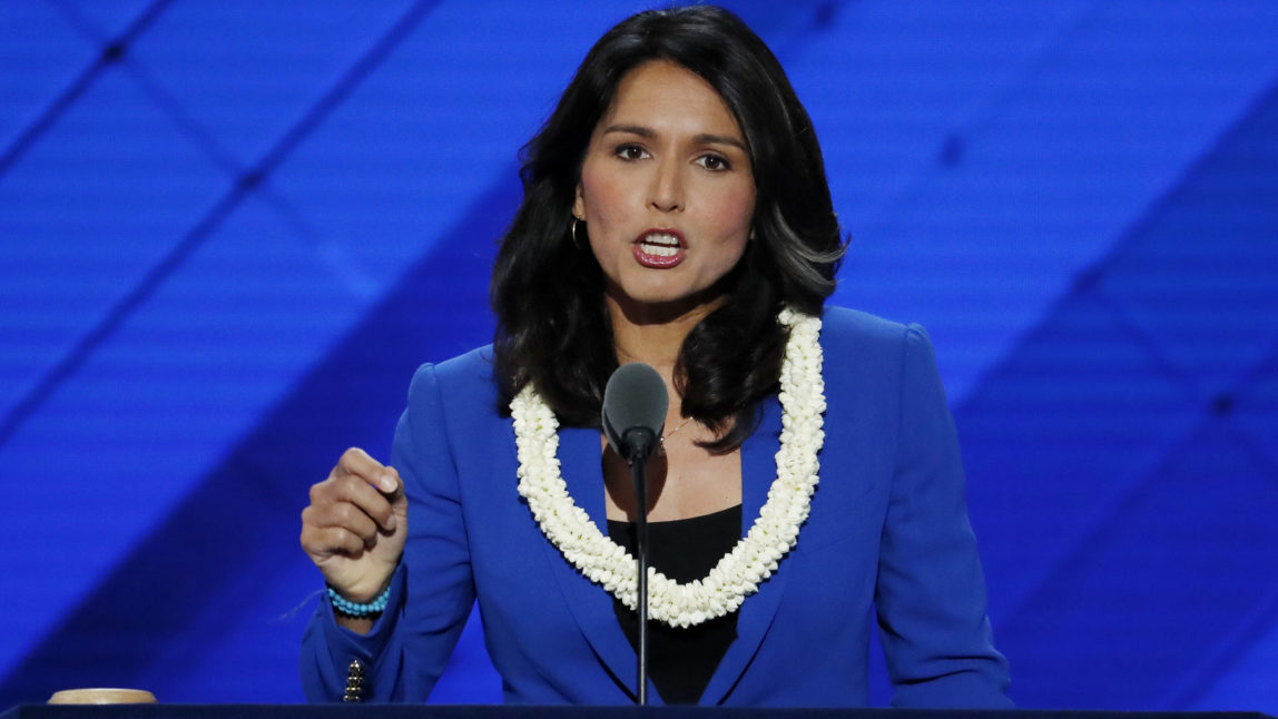 Rep. Tulsi Gabbard, D-HI., nominates Sen. Bernie Sanders, I-VT., for President of the United States during the second day of the Democratic National Convention in Philadelphia , Tuesday, July 26, 2016. (AP Photo/J. Scott Applewhite)