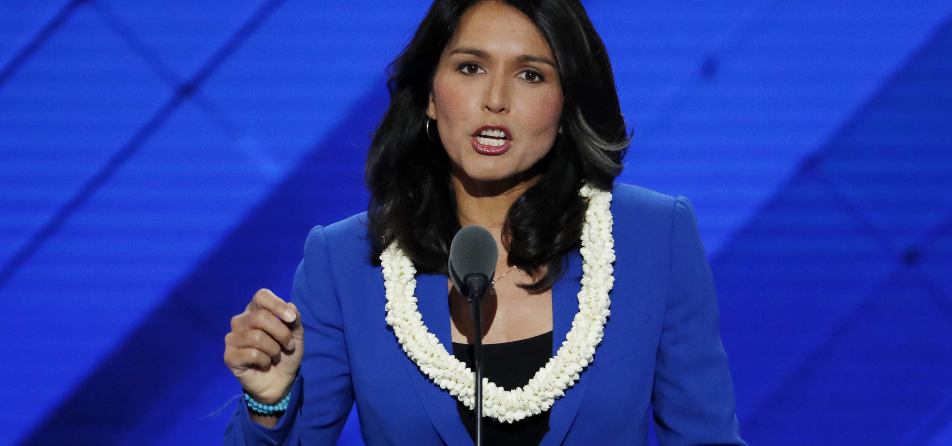 Rep. Tulsi Gabbard, D-HI., nominates Sen. Bernie Sanders, I-VT., for President of the United States during the second day of the Democratic National Convention in Philadelphia , Tuesday, July 26, 2016. (AP Photo/J. Scott Applewhite)