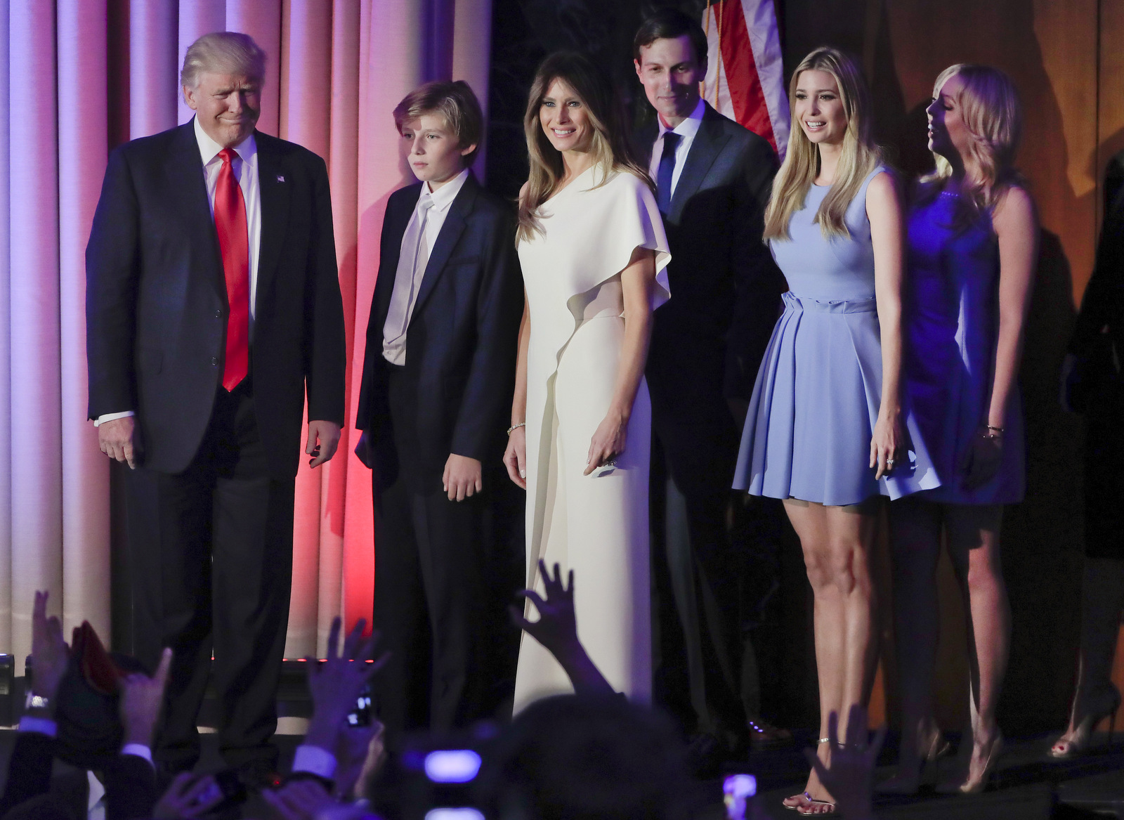 President elect Donald Trump, left, arrives with his family to give his acceptance speech at an election night rally, Wednesday, Nov. 9, 2016, in New York. (AP Photo/Julie Jacobson)