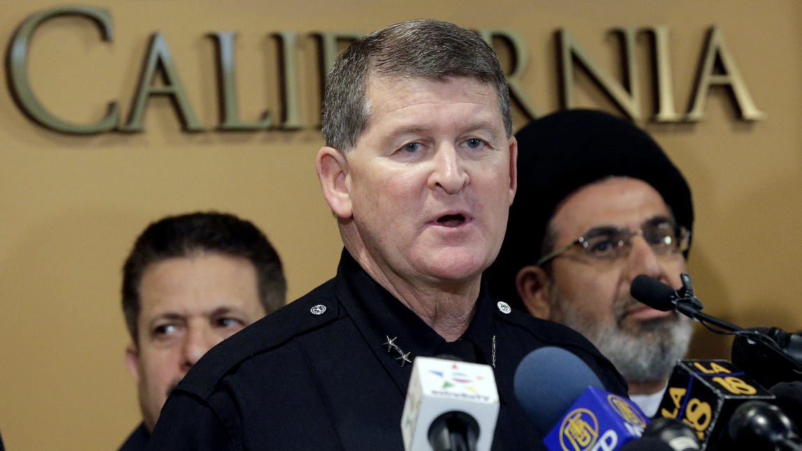 Los Angeles Police Deputy Chief Michael Downing speaks during a news conference at the Islamic Center of Southern California in Los Angeles, Monday, Nov. 28, 2016. Government officials have condemned a hate-filled letter received by several mosques that said Muslims would be exterminated by President-elect Donald Trump. (AP Photo/Nick Ut)