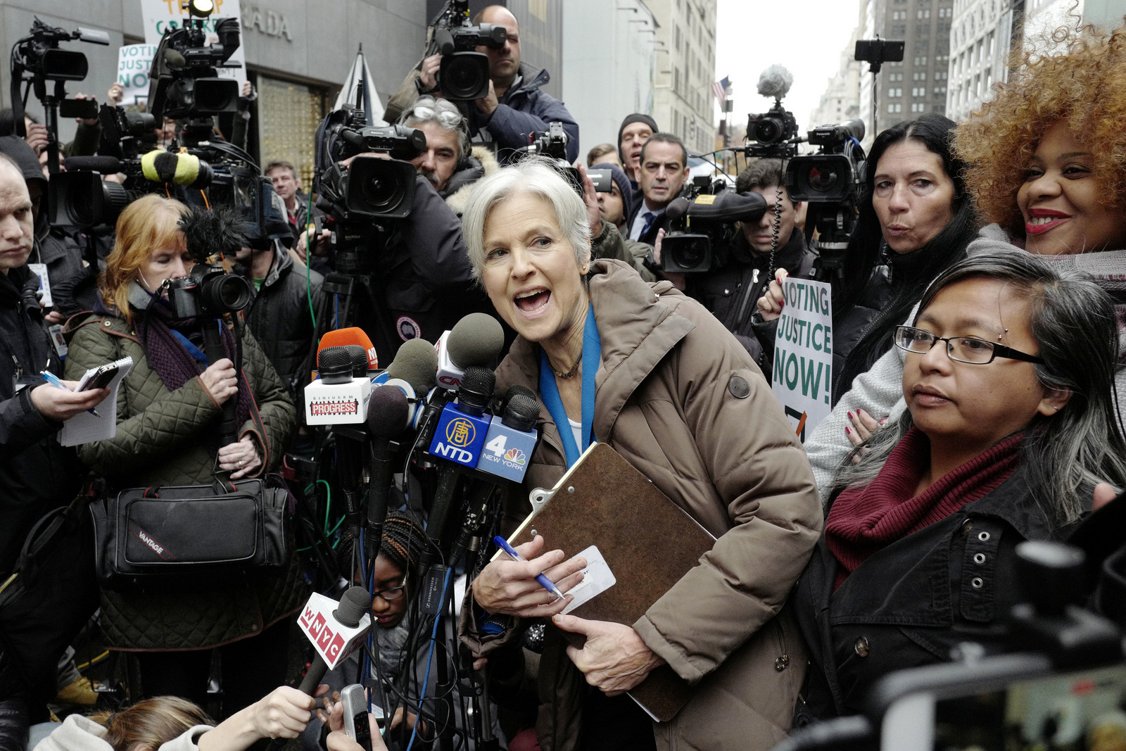 Jill Stein, the presidential Green Party candidate, speaks at a news conference in front of Trump Tower, Monday, Dec. 5, 2016, in New York. Stein is spearheading recount efforts in Pennsylvania, Michigan and Wisconsin. (AP Photo/Mark Lennihan)