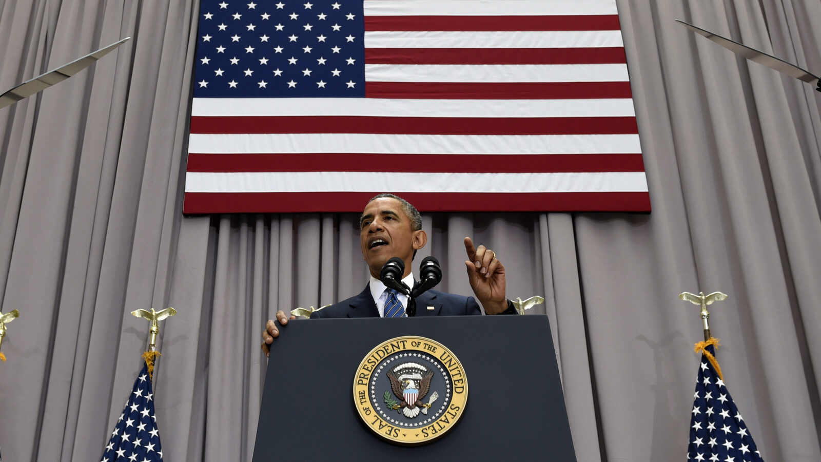 President Barack Obama speaks about the nuclear deal with Iran, Wednesday, Aug. 5, 2015, at American University in Washington. The president said the nuclear deal with Iran builds on the tradition of strong diplomacy that won the Cold War without firing any shots. (AP Photo/Susan Walsh)