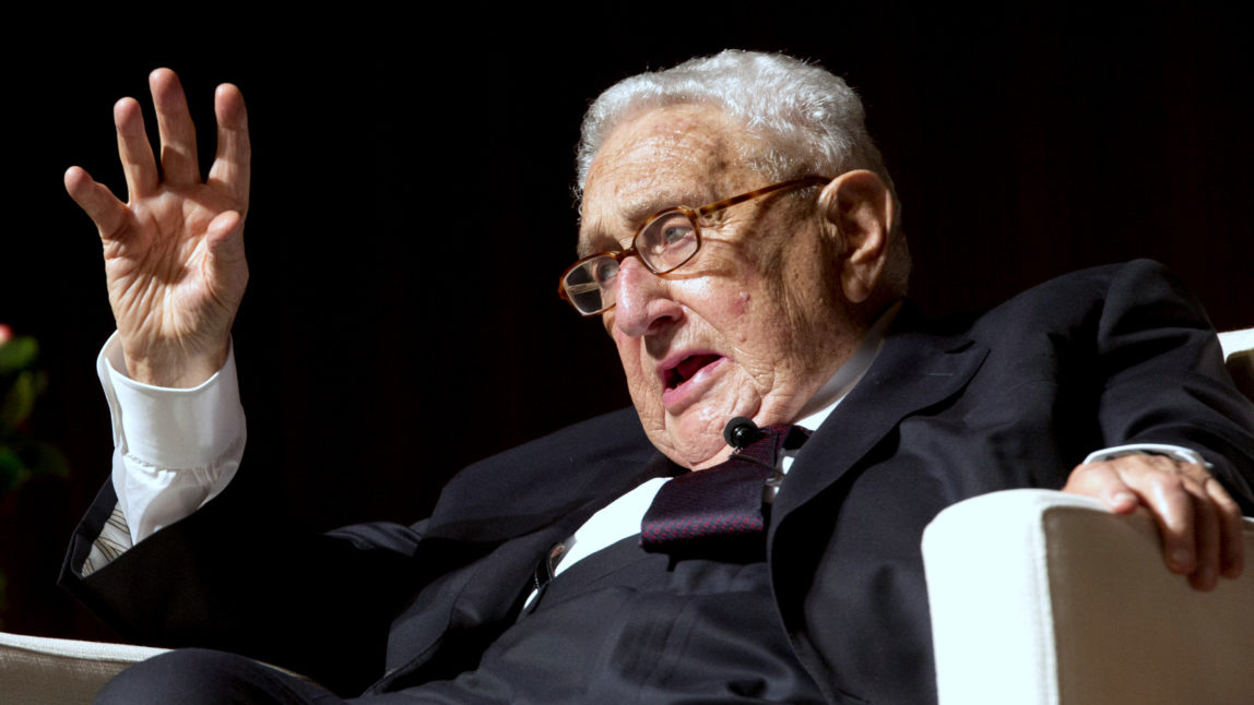 Former Secretary of State and former National Security Advisor Henry Kissinger speaks at the Vietnam War Summit at the LBJ Presidential Library in Austin, Texas, Tuesday, April 26, 2016. (AP Photo/Nick Ut)