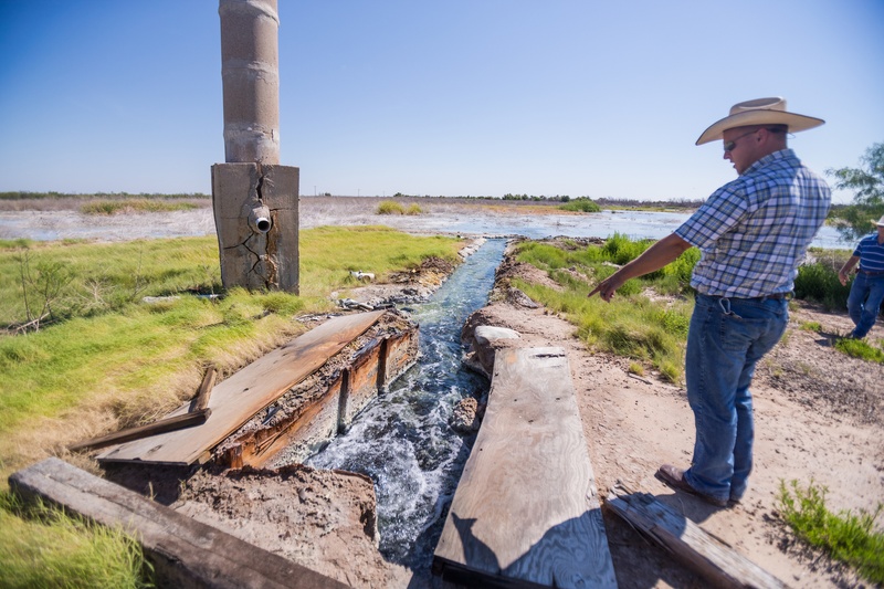 Ty Edwards, assistant general manager of the Middle Pecos Groundwater Conservation District, points to brackish water flowing from one of several flowing abandoned wells— originally drilled for oil, but later used for irrigation — that no state agency plans to plug. Rafael Aguilera for The Texas Tribune
