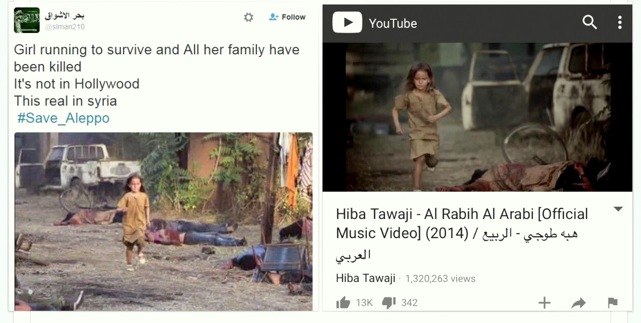 An example of the many doctored, fake, and recycled photos that are being disseminted online claiming to be from Aleppo, Syria. (Photo: Twitter @Partisangirl)