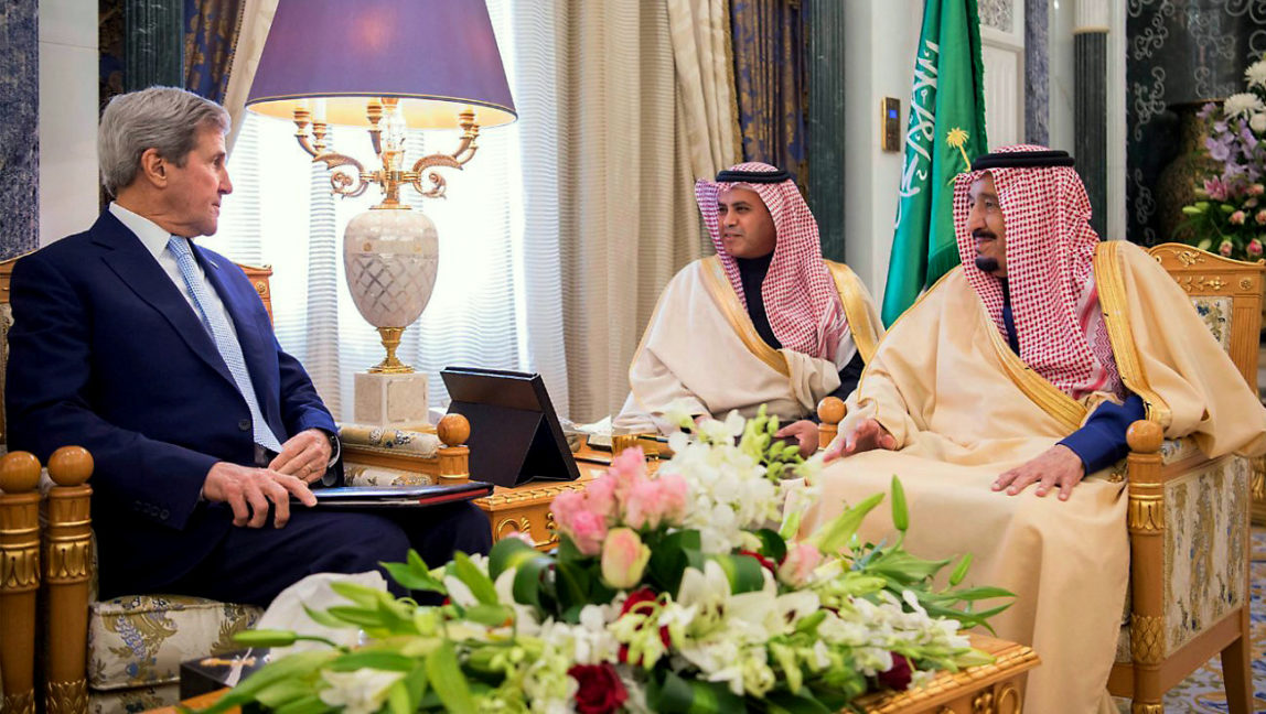 U.S. Secretary of State John Kerry, left, meets with Saudi King Salman right, in what likely will be his last visit as America’s top diplomat, Sunday, Dec. 18, 2016. (SPA via AP)