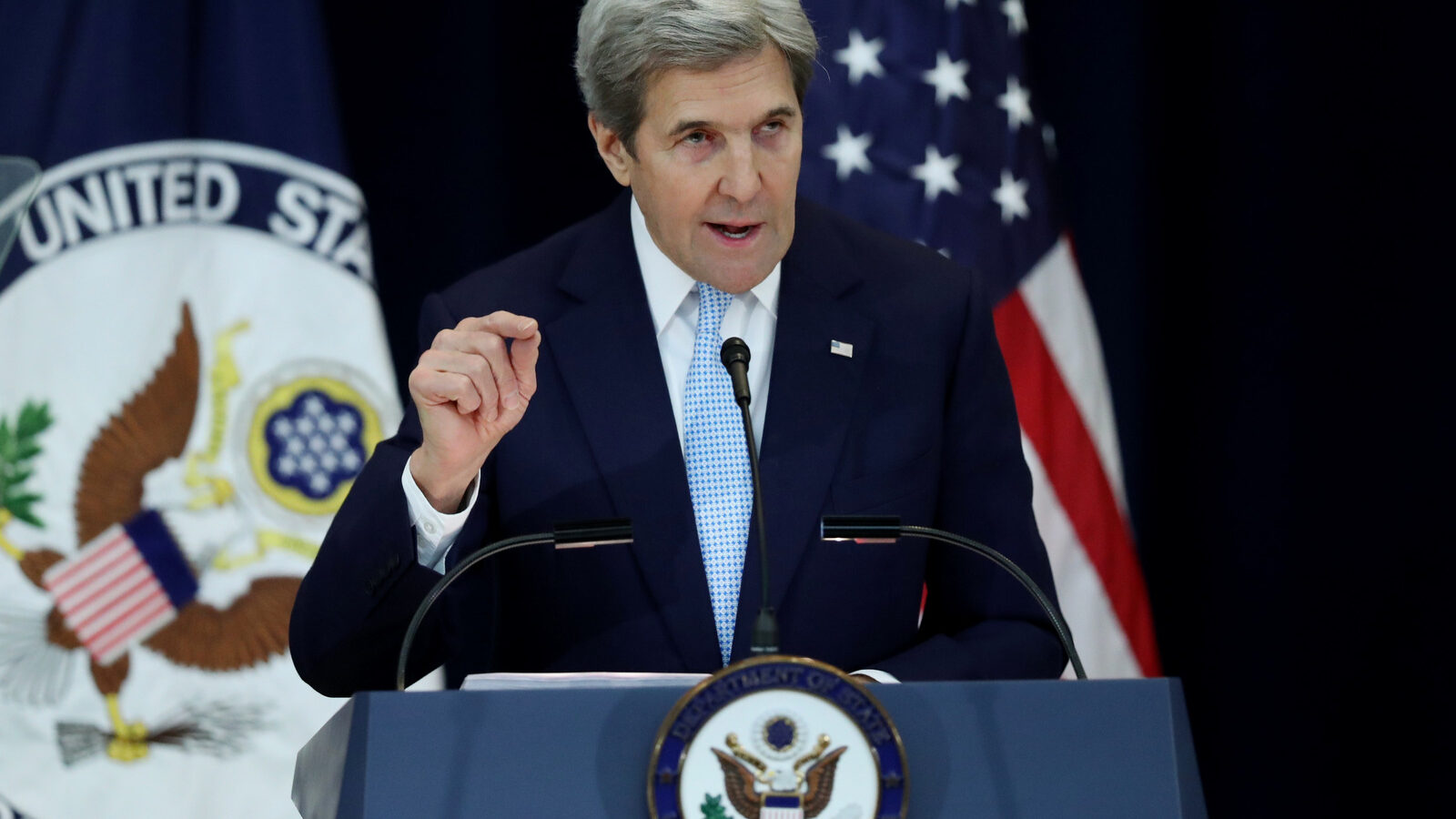 Secretary of State John Kerry speaks about Israeli-Palestinian policy, Wednesday, Dec. 28, 2016, at the State Department in Washington. (AP Photo/Andrew Harnik)