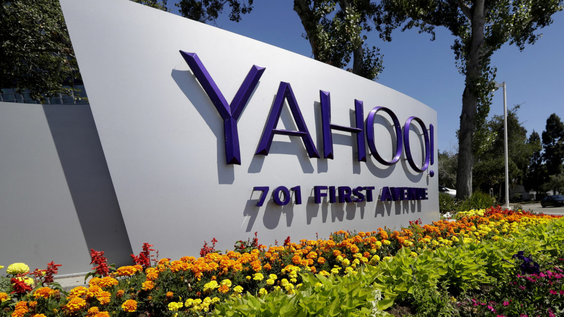 A Yahoo sign at the company's headquarters in Sunnyvale, Calif. On Wednesday, Dec. 14, 2016, (AP Photo/Marcio Jose Sanchez)