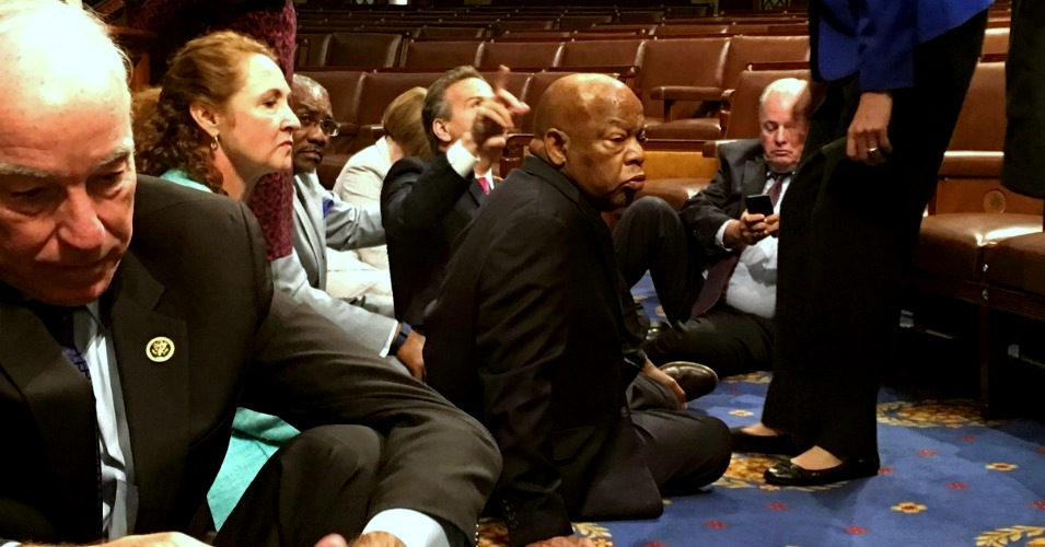 House Democrats, led by Rep. John Lewis of Georgia, occupied the floor of the chamber to demand a vote on gun control in June. (Photo:Rep. John Yarmouth/Twitter)