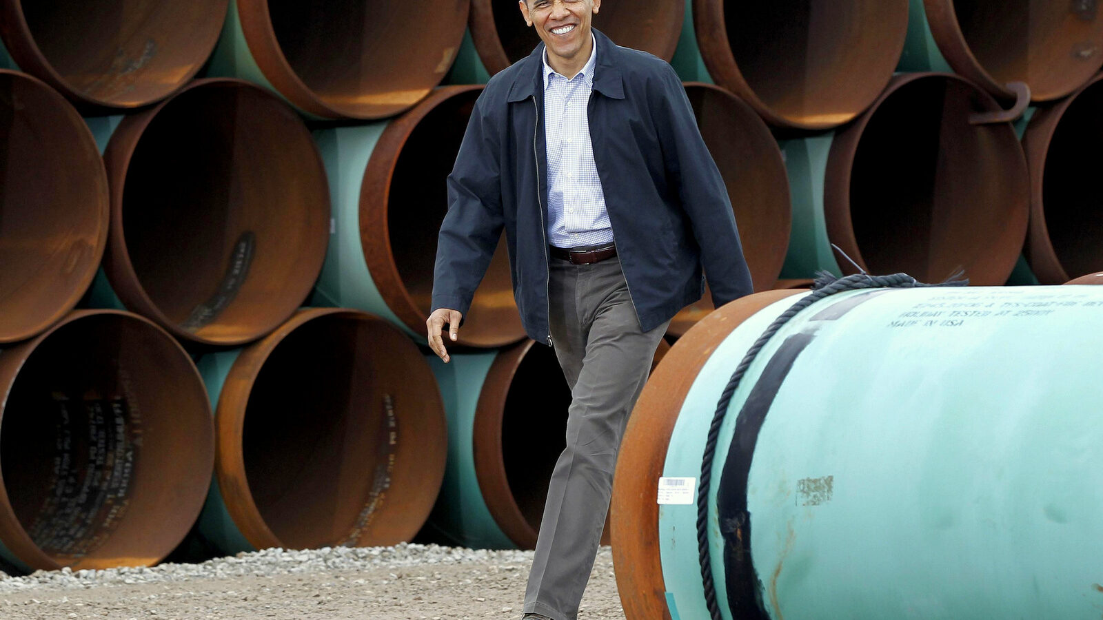President Barack Obama arriving at the TransCanada Stillwater Pipe Yard in Cushing, Okla. (AP/Pablo Martinez Monsivais)