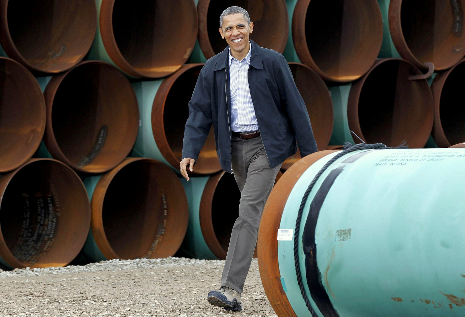 President Barack Obama arriving at the TransCanada Stillwater Pipe Yard in Cushing, Okla. (AP/Pablo Martinez Monsivais)