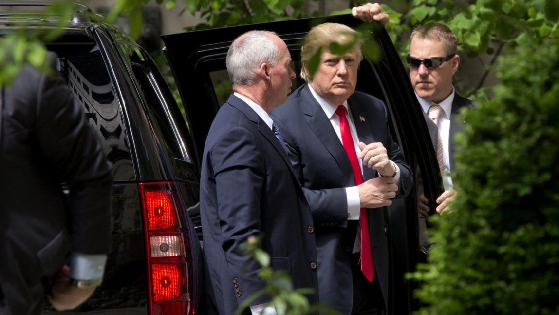 Republican presidential candidate Donald Trump arrives at the residence of former Secretary of State Henry Kissinger, Wednesday, May 18, 2016, in New York. (AP/Mary Altaffer)