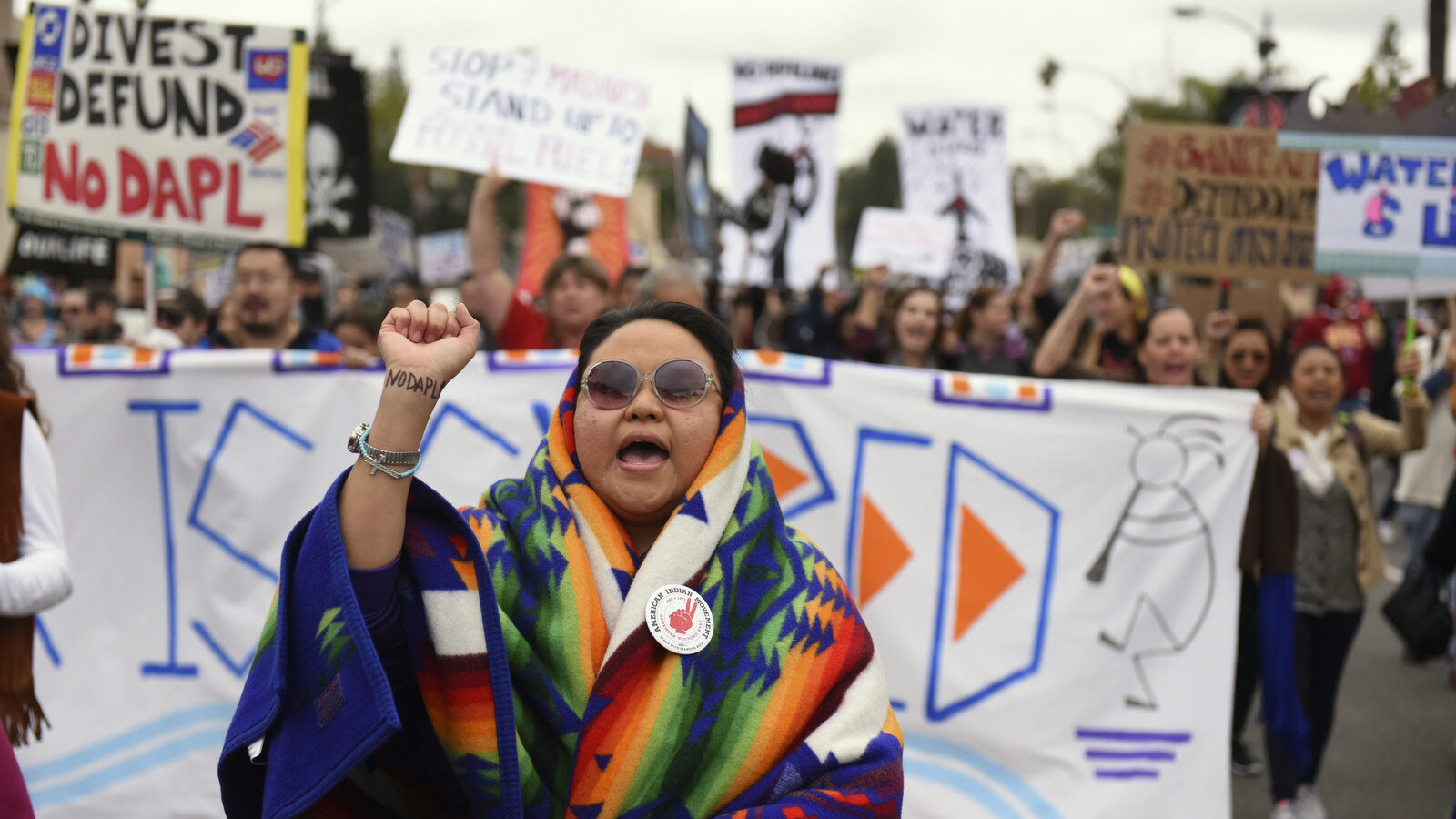 Protesters rally against the Dakota Access Pipeline during the 128th Rose Parade in Pasadena, Calif., Monday, Jan. 2, 2017. (AP Photo/Michael Owen Baker)