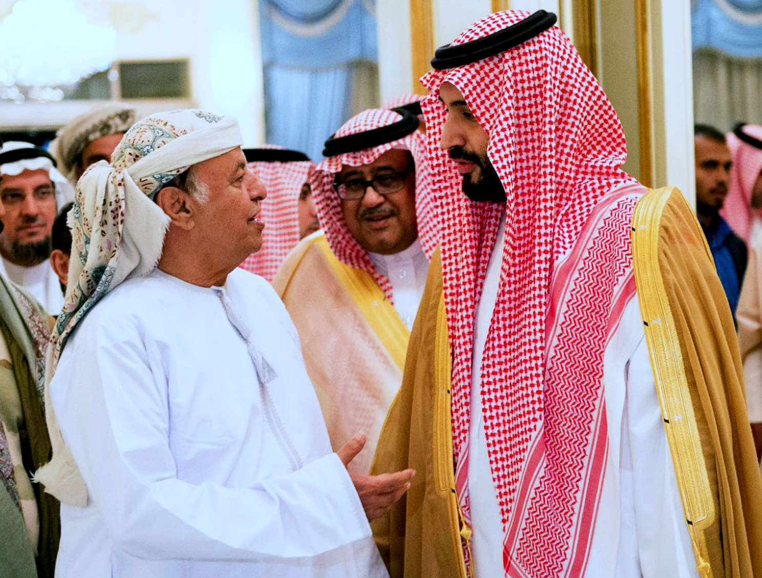  Abed Rabbo Mansour Hadi, left, talks with Saudi Defense Minister Mohammed bin Salman as he arrives in Riyadh, Saudi Arabia, Thursday, March 26, 2015. (AP Photo/SPA)
