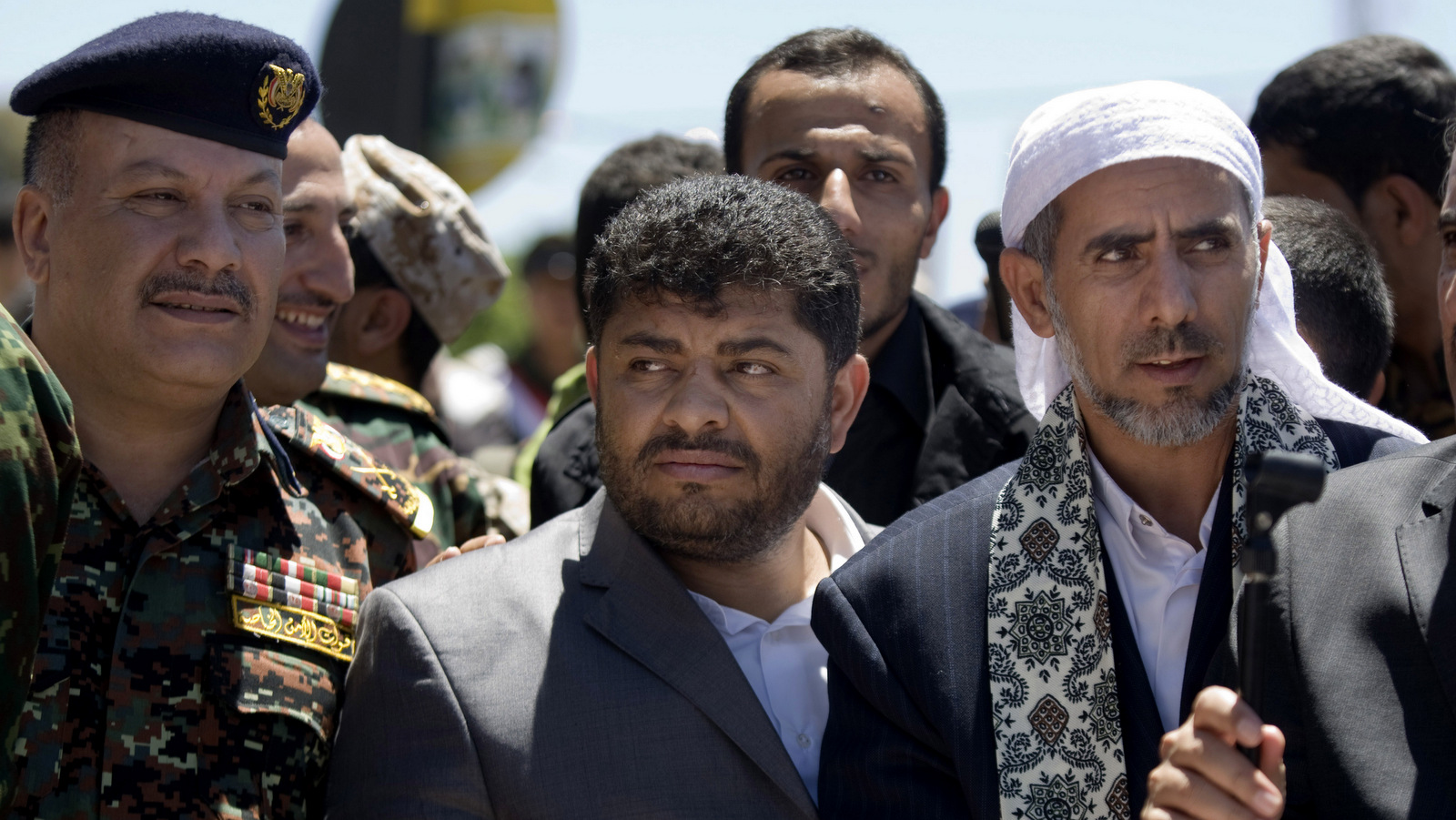 Mohammed Ali al-Houthi, who heads the Houthi rebels' powerful Revolutionary Council, center, attends the funeral procession of victims who were killed from triple suicide bombing attacks that hit a pair of mosques in Sanaa, Yemen.(AP/Hani Mohammed)