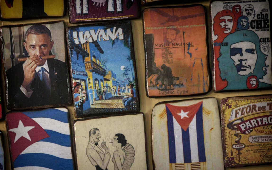 Magnets for sale decorate a tourist shop, one showing an image of U.S. President Barack Obama smelling a cigar, at a market in Havana, Cuba, Monday, March 16, 2015. (AP/Ramon Espinosa)