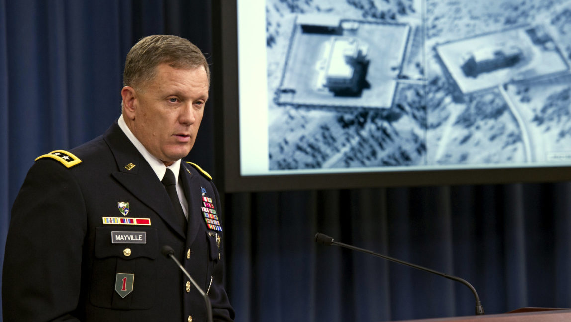 Army Lt. Gen. William Mayville speaks about US operations in Syria, following U.S. military strikes against 17 separate targets connected to an al-Qaida cell in Syria known as the Khorasan Group, U.S. officials say, Sept. 23, 2014. (AP/Cliff Owen)