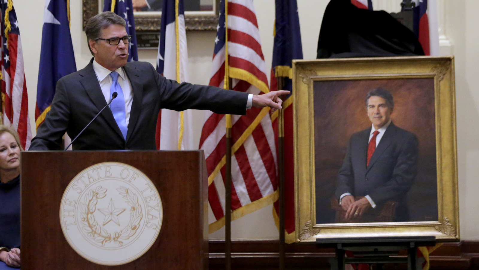 Former Texas Gov. Rick Perry during a ceremony for the unveiling of his portrait in the Capitol rotunda, Friday, May 6, 2016, in Austin, Texas. (AP Photo/Eric Gay)