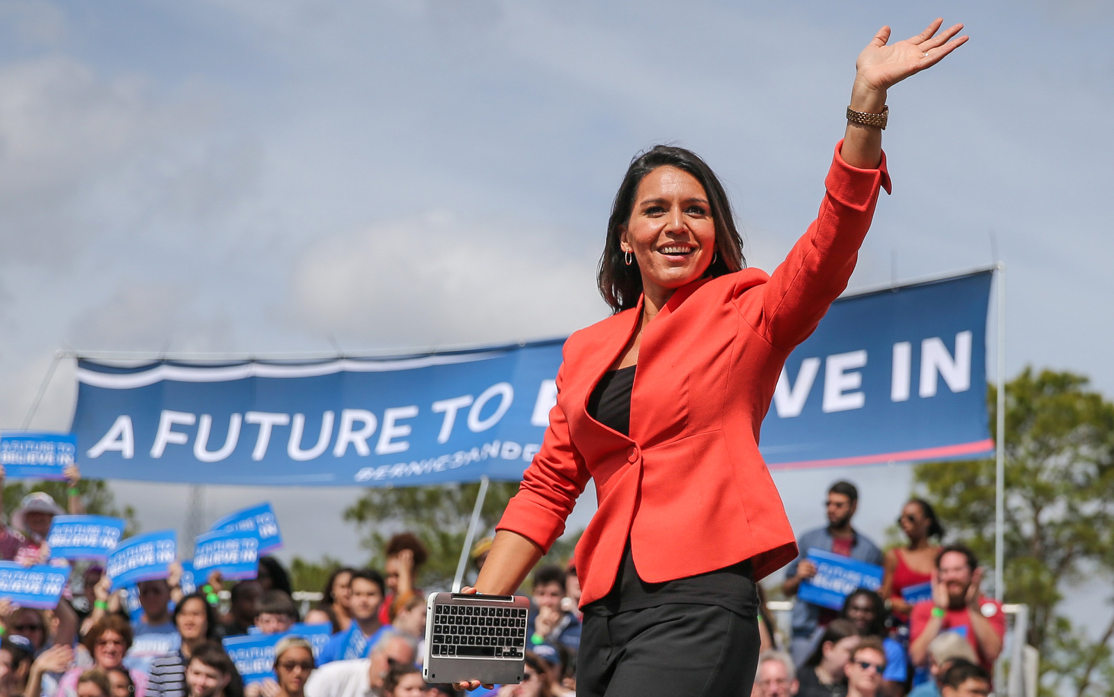 Rep. Tulsi Gabbard, D-Hi., arrives to introduce Democratic presidential candidate, Sen. Bernie Sanders, I-Vt., at a campaign rally at the University of Florida in Gainesville, Fla., March 10, 2016. (AP/Gary McCullough)