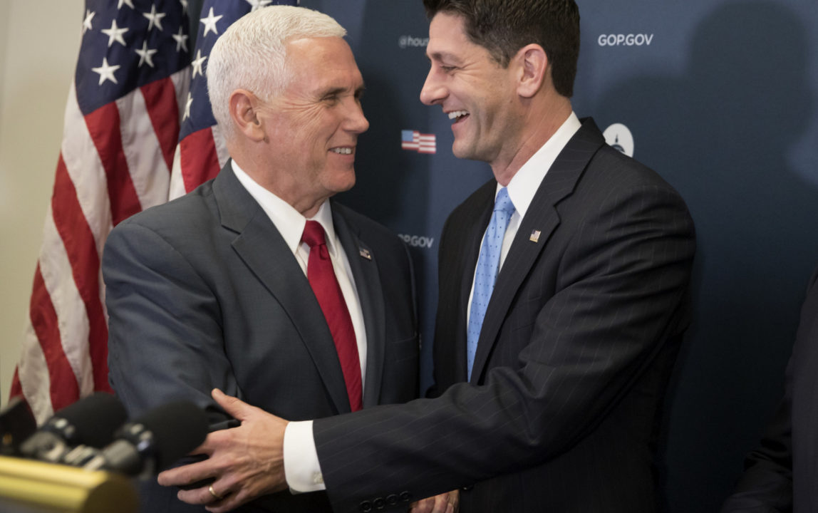Vice President-elect Mike Pence is welcomed at a news conference on Capitol Hill in Washington, Wednesday, Jan. 4, 2017, by House Speaker Paul Ryan of Wis. following a closed-door meeting with the GOP caucus. (AP/J. Scott Applewhite)