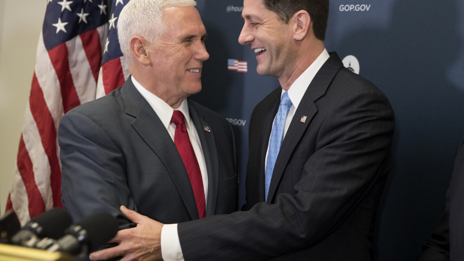 Vice President-elect Mike Pence is welcomed at a news conference on Capitol Hill in Washington, Wednesday, Jan. 4, 2017, by House Speaker Paul Ryan of Wis. following a closed-door meeting with the GOP caucus. (AP/J. Scott Applewhite)